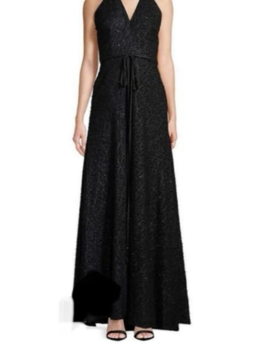 Carmen Marc Valvo Black Plunge Neck Sleeveless Gown